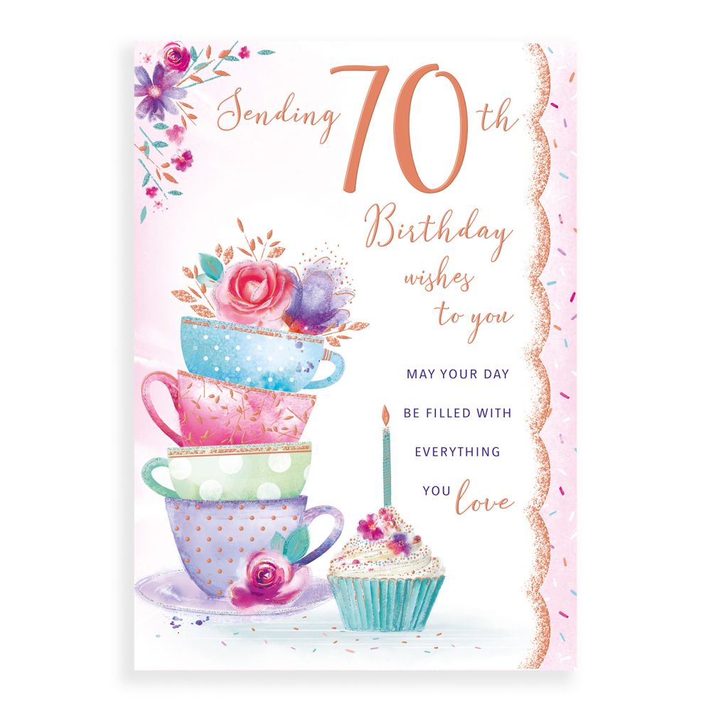 Cards Direct | Birthday Card Age 70 F, Teacup Stack
