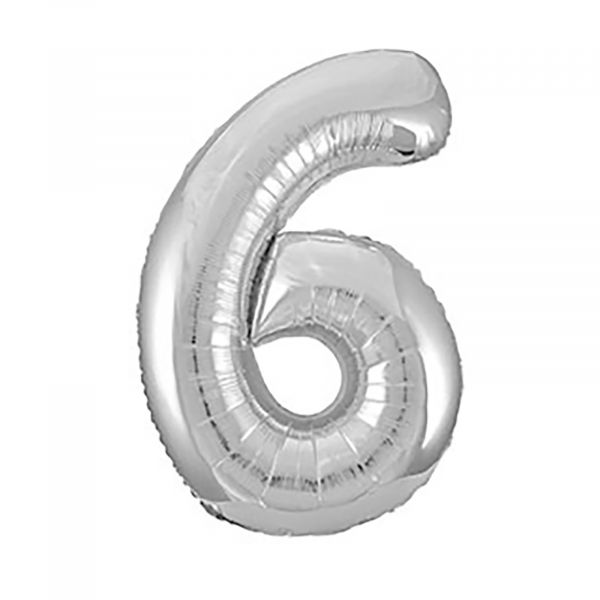 Number 6 Foil Balloon, Silver, 34 inches