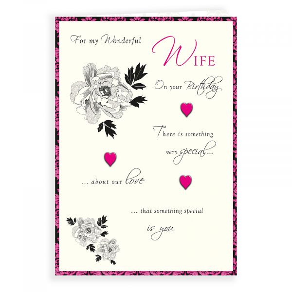 Birthday Card Wife, Floral & Hearts