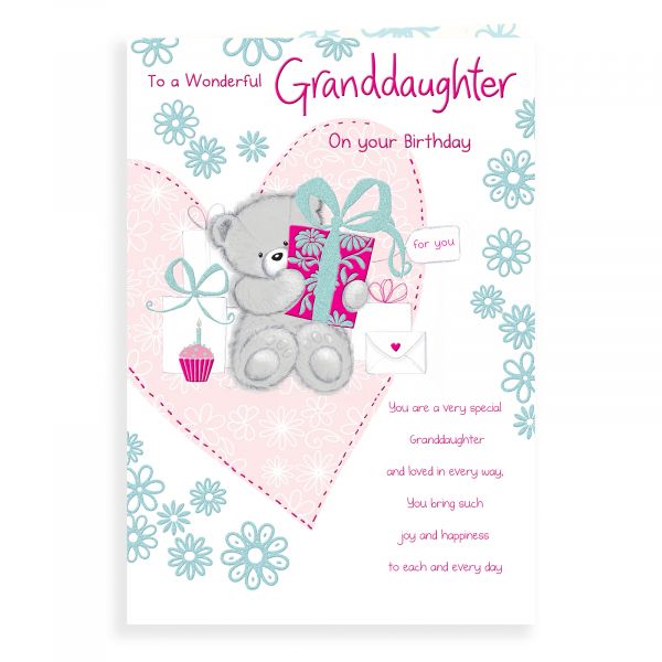 Birthday Card Granddaughter, Bear Holding Parcel