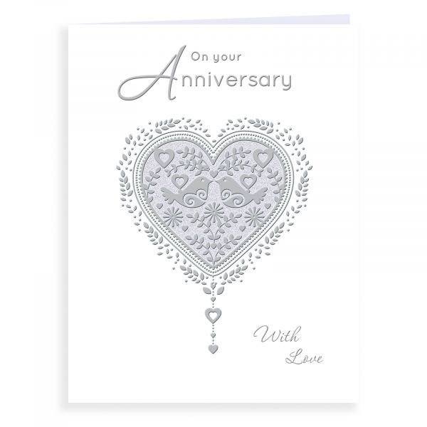 Anniversary Card Your, Two Birds In Silver Heart