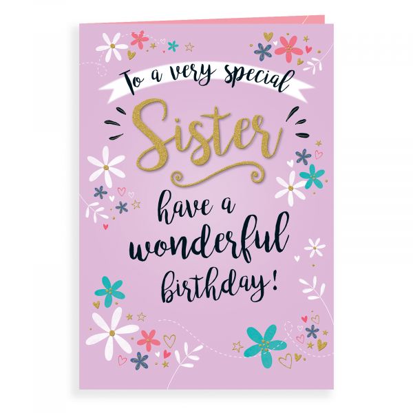 Birthday Card Sister, Floral On Lilac