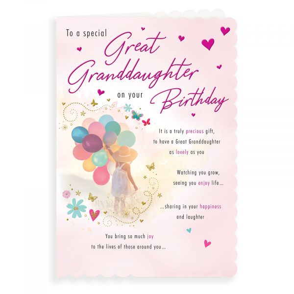 Birthday Card Great Granddaug, Girl & Balloons