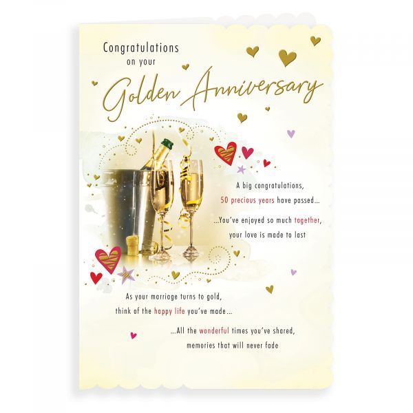 Anniversary Card Golden, Champagne Flutes