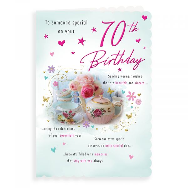 Birthday Card Age 70 F, Teapot & Flowers