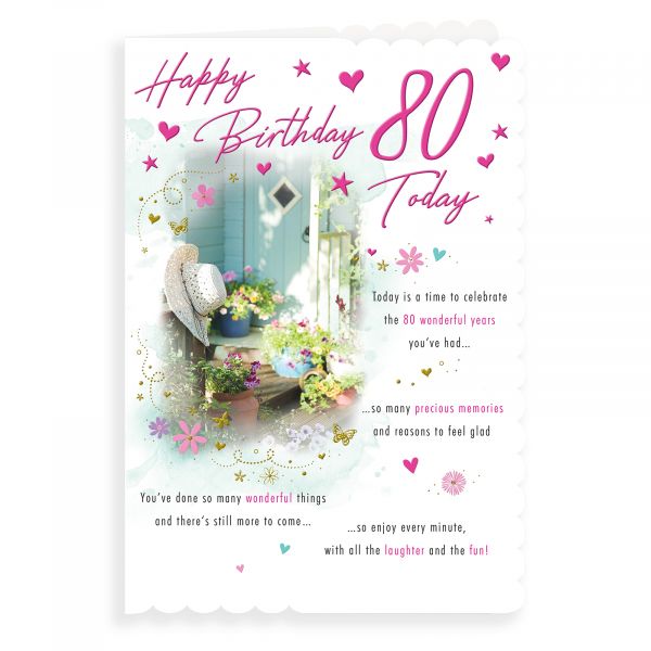 Birthday Card Age 80 F, Flower Pots Hat