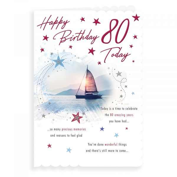 Birthday Card Age 80 M, Yacht Sailing In Sunset