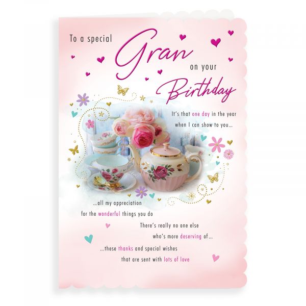 Birthday Card Gran, Teapot & Flowers