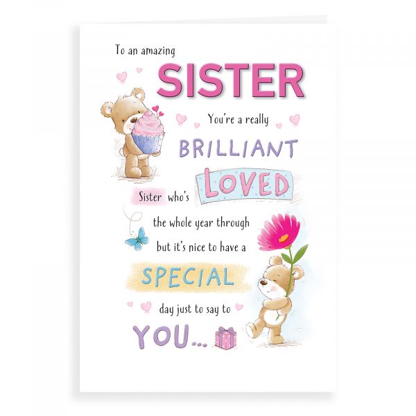 Birthday Card Sister, Bear With Cupcake