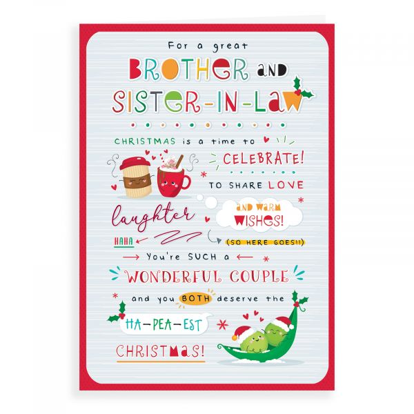 Christmas Card Brother & Sister in Law, Mugs & Peas