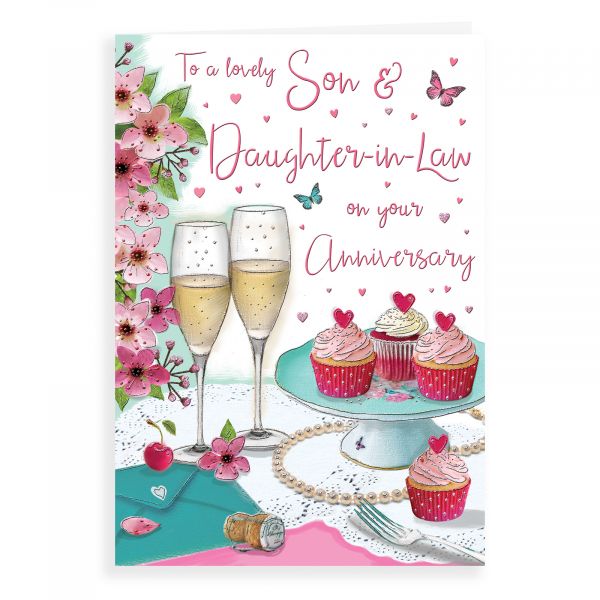 Anniversary Card Son & Daughter In Law, Champagne Glasses & Cupcakes