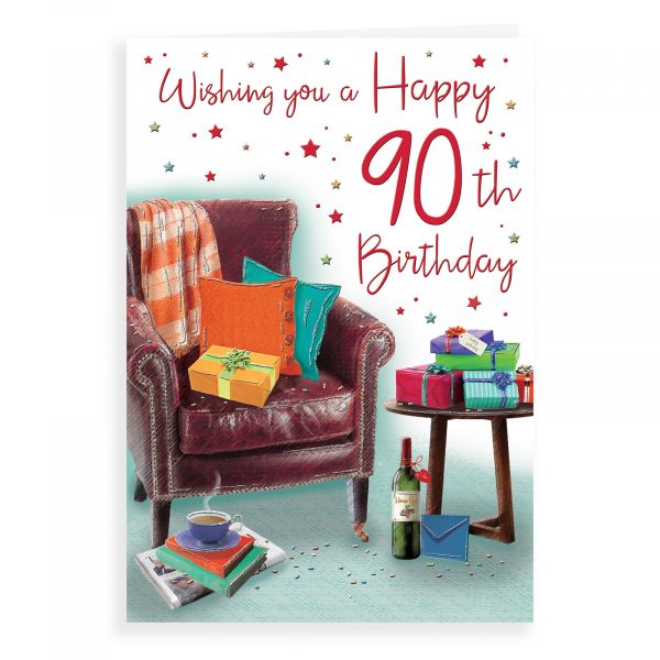 Birthday Card Age 90 M, Armchair & Cat