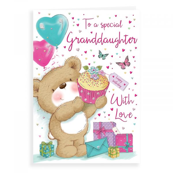 Birthday Card Granddaughter, Bear Holding Cupcake