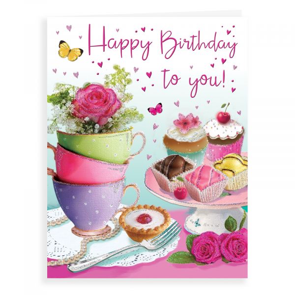 Birthday Card Open Female, Teacups & Cakes