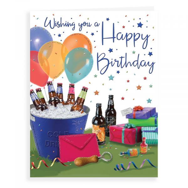 Birthday Card Open Male, Beer & Balloons
