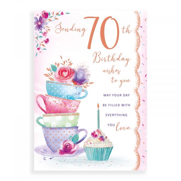 Birthday Card Age 70 F, Teacup Stack
