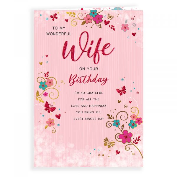 Birthday Card Wife, Swirls & Blossoms