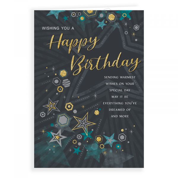 Birthday Card Open Male, Stars & Hexagons