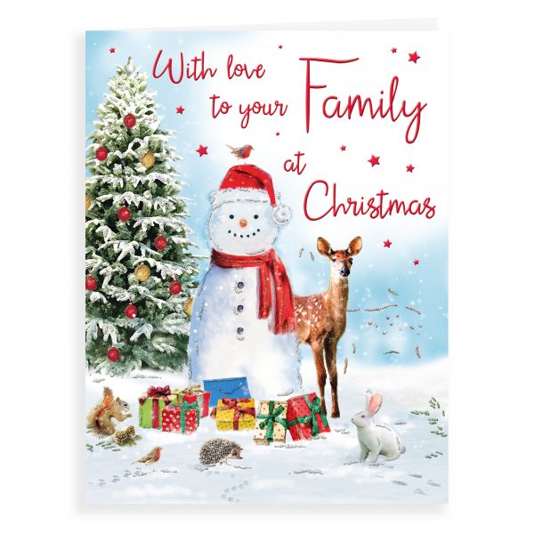 Christmas Card To A Family, Snowman & Deer