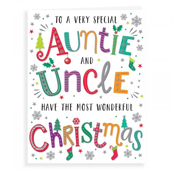 Christmas Card Auntie & Uncle, Colourful Text