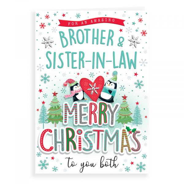 Christmas Card Brother & Sister In Law, Penguin Heart Type
