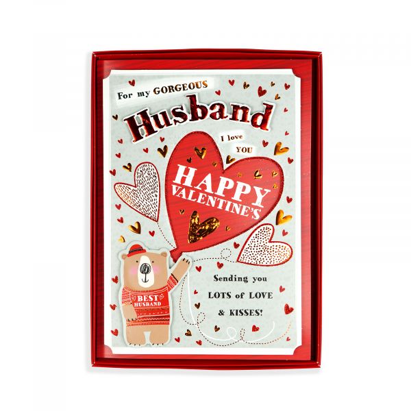 Valentines Day Boxed Card Husband, Bear heart balloon