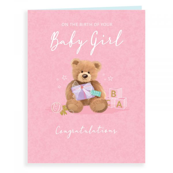 Baby Card Baby Girl, Teddy & Present