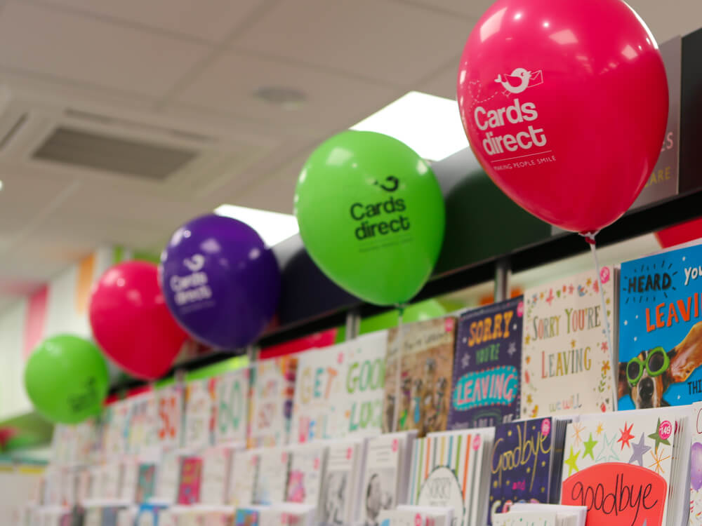 Cards shop display with balloons