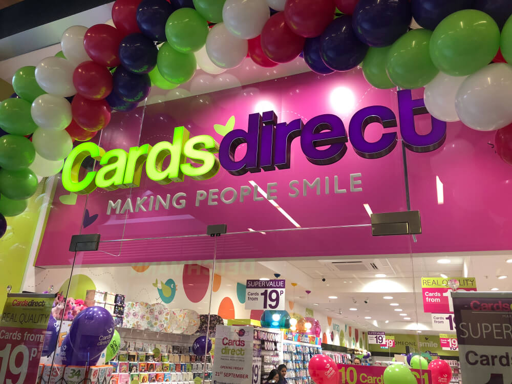 Cards Direct storefront with balloons